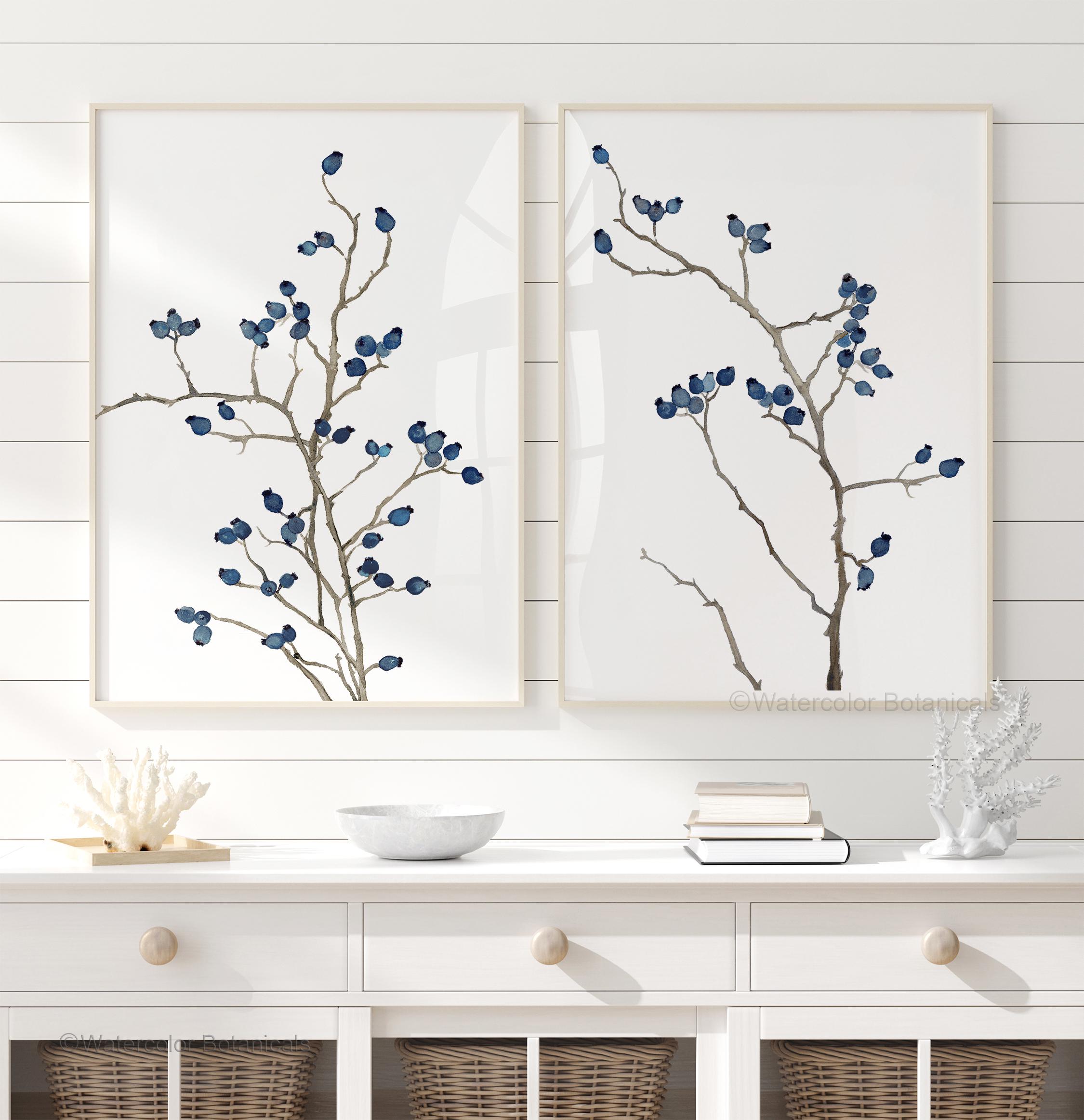 Minimalist Blue Botanical Wall Art – Set of 2 Modern Watercolor Prints ...