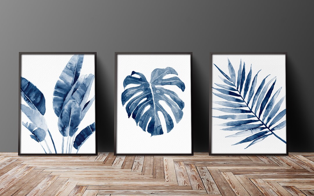 Watercolor Tropical Exotic Leaves, Set of 3 Prints Indigo Navy Blue ...