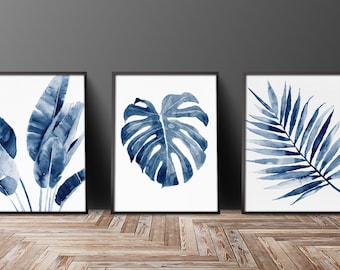 Aquarelle Feuilles Exotiques Tropicales, Ensemble de 3 Impressions Indigo Bleu Marine Décor Mural Moderne Monstera Philodendron Feuille de Palmier Banane Art Minimaliste