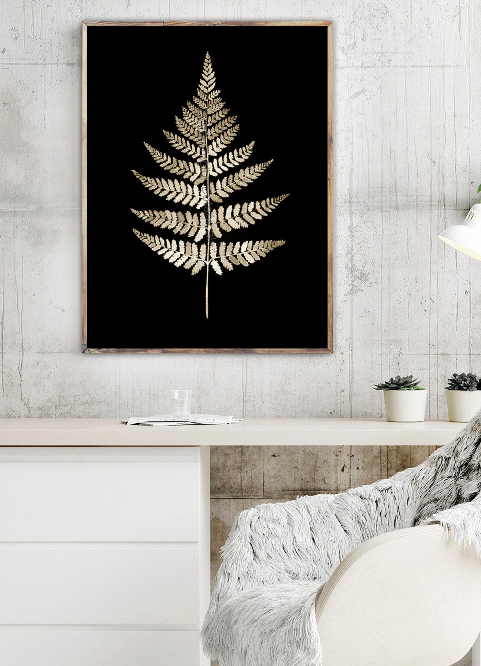 Gold Yellow Fern on Black Background Set of 2 Prints Botanical Etsy