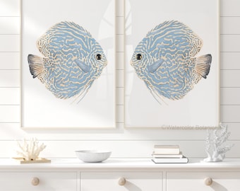 Pesce disco astratto, set di 2 stampe, decorazione murale costiera moderna, opera d'arte ad acquerello, animali marini, arte della casa sulla spiaggia, dipinto di pesce azzurro
