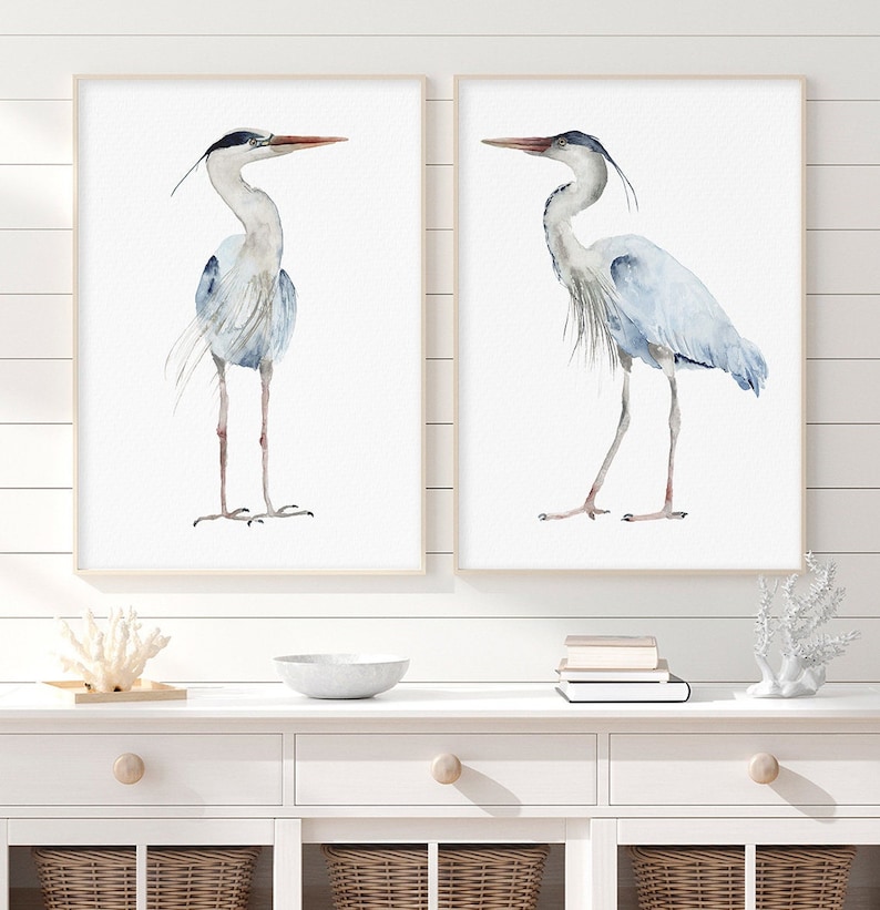 Great Blue Heron Watercolor Set of 2 Prints, Minimalist Modern Wall Decor, Water Bird Illustration, Coastal House Art, Large Artwork image 1