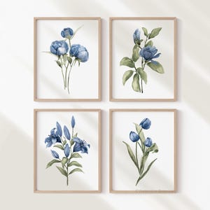 Stampe floreali ad acquerello blu – Set di 4 stampe botaniche minimaliste, peonie, magnolie, tulipani e fiori di giglio