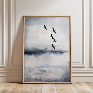 Gru nere in uno scenario blu - Paesaggio astratto - Arte murale in acquerello Japandi, arredamento moderno per la casa, grande stampa artistica