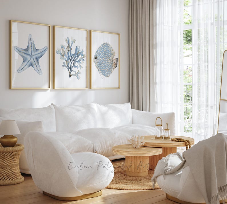Coastal Wall Art Set of 3 – Ocean Fish, Coral & Starfish Beach House ...
