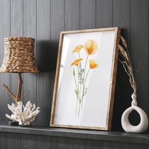 Papavero californiano ad acquerello, opera d'arte arancione, dipinto floreale dello stato, decorazione murale botanica minimalista, fiori, illustrazione floreale