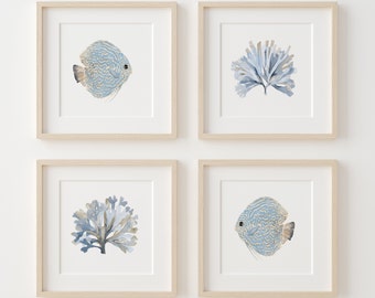 Set of 4 Prints depicting Discus Fish and Watercolor Seaweeds, Minimalist Coastal Wall Decor in Light Blue Colors, Beach House Art