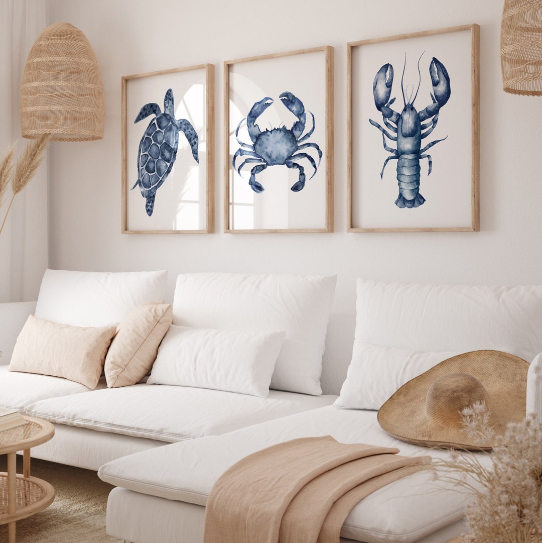 Navy Blue Set of 3 Prints, Watercolor Crab, Lobster, Turtle, Minimalist ...