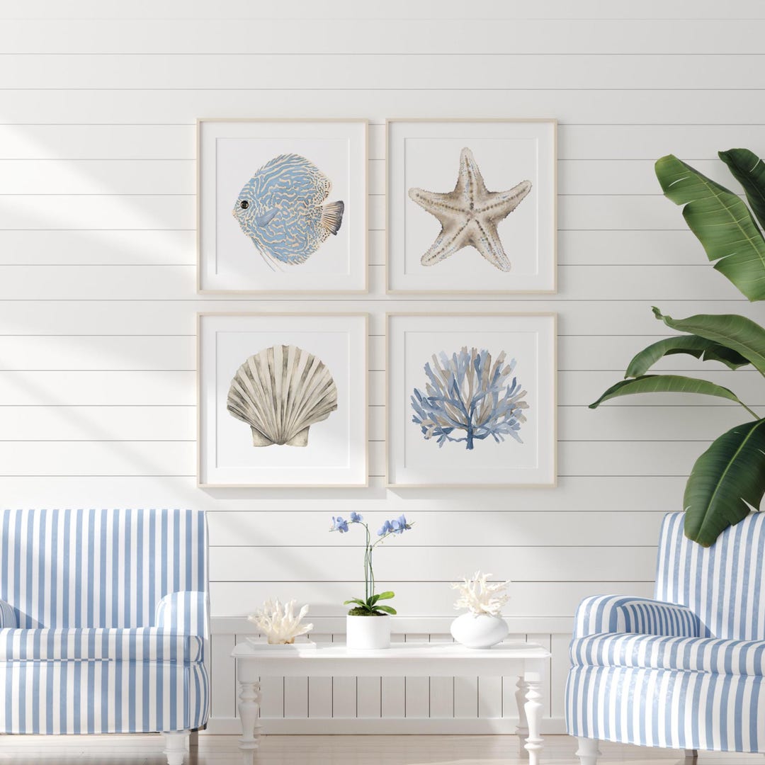 Coastal Wall Art Set of 4 Prints, Beach Ocean Wall Art With Starfish ...