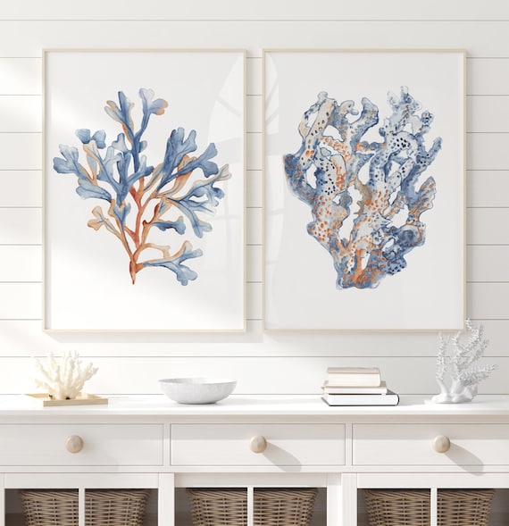 Blue and Rust Orange Set of 2 – Coastal Coral Wall Art Prints