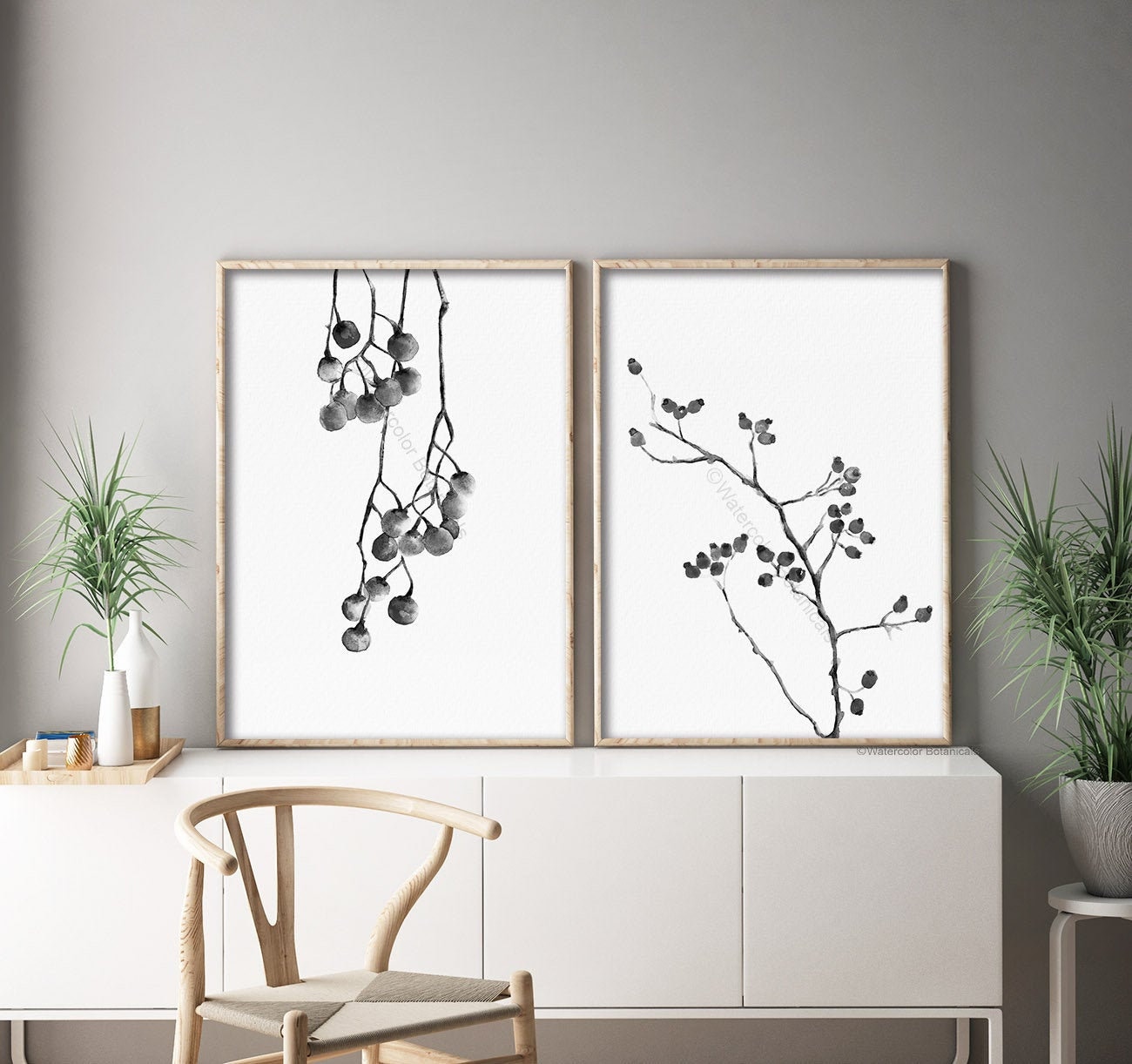 Watercolor Black Rose Hip Cranberry Wall Art Branch Set of 2 - Etsy