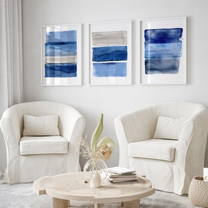 Große geometrische Aquarellkunst, Marineblau, Indigostreifen, abstraktes minimalistisches Wanddekor, 3er-Set Drucke, Ozean inspirierte zeitgenössische Kunst Bild 8