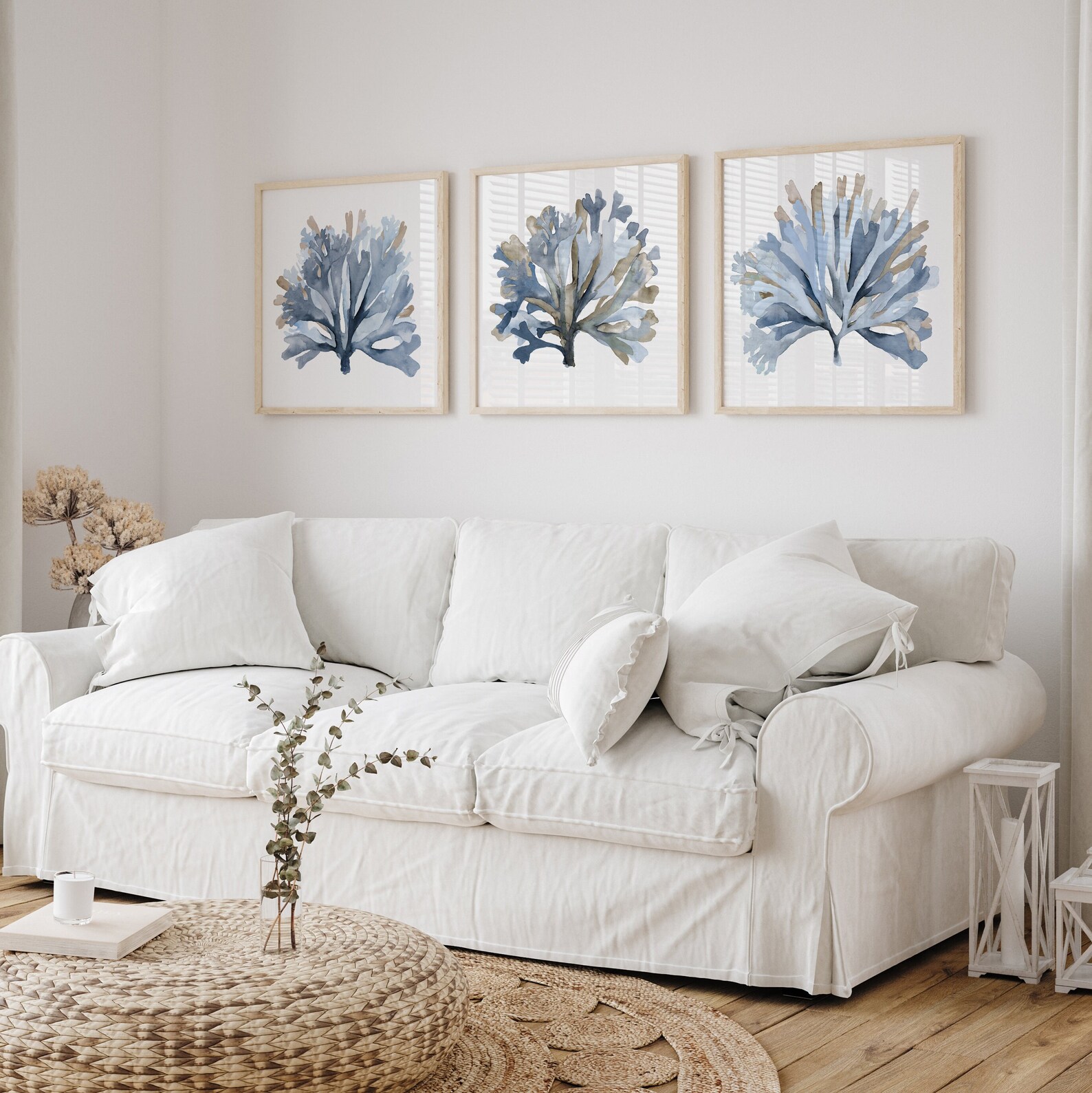 Minimalist Coastal Wall Decor, Set of 3 Prints, Queen Bed Fine Art