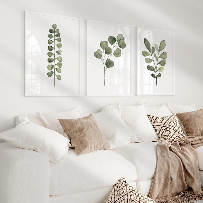 Olive Green Botanical Wall Art – Set of 3 Watercolor Leaf Prints in ...