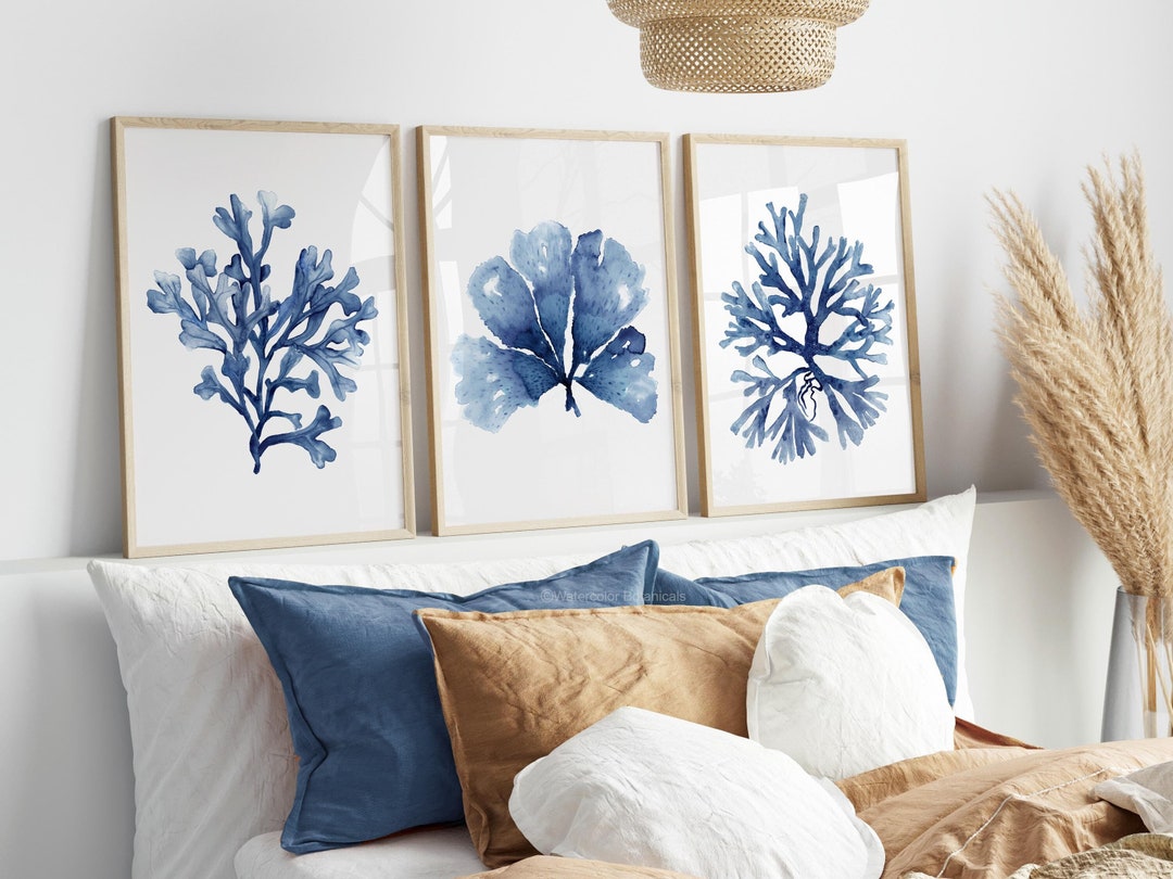 Navy Blue Coral Seaweed Wall Art Set of 3 Prints Navy Blue Sea Life Art ...