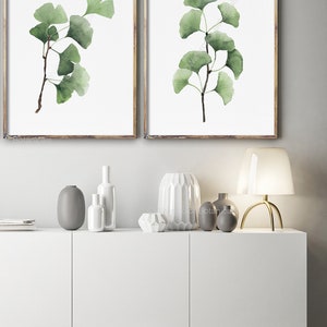 Aquarell Ginkgo Blätter, Neutral Grün Minimalistische Malerei, Baum Ast, Pflanze, Set von 2 Drucken, Botanische Wanddeko, Tropische exotische Kunst Bild 3