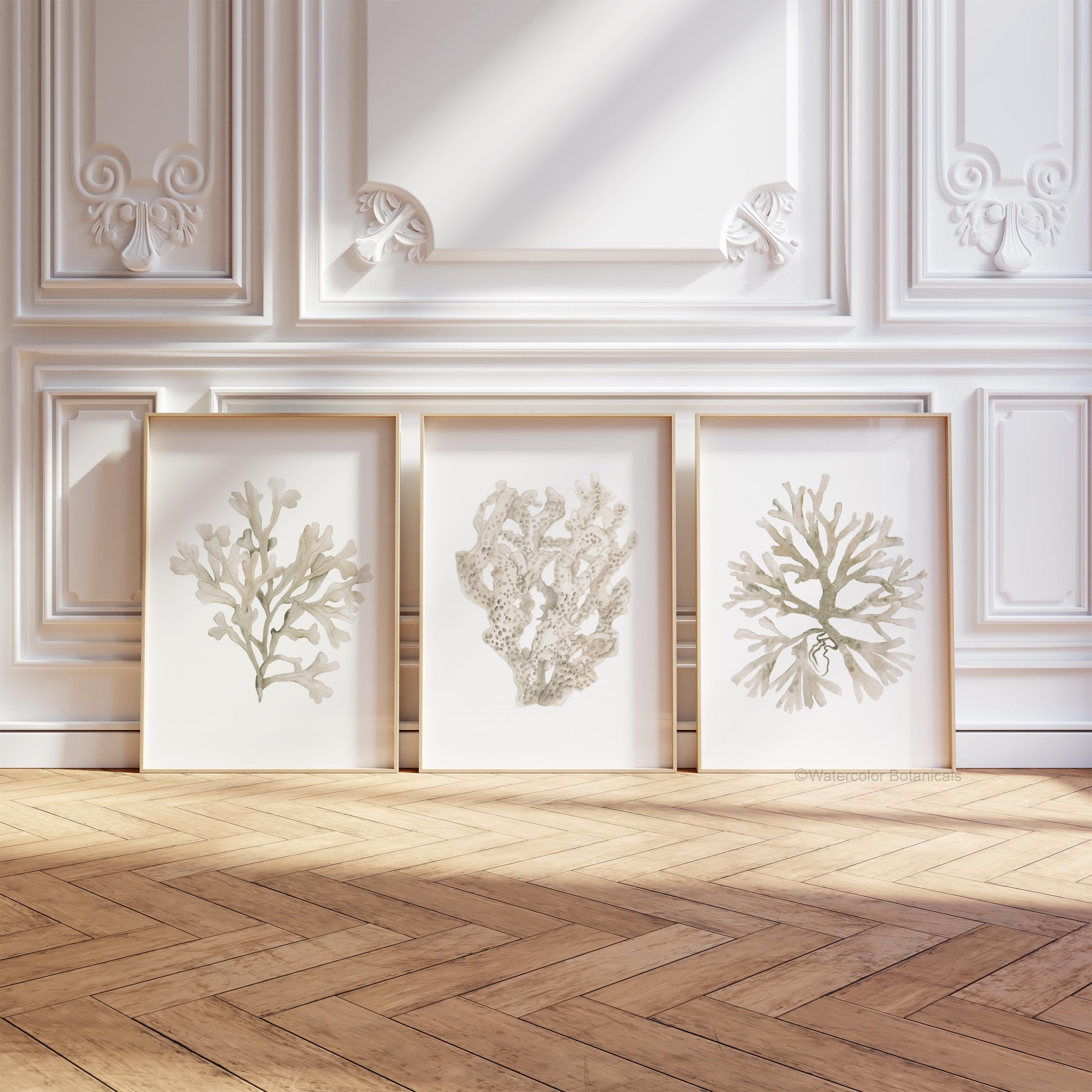 Beige Coral Prints, Neutral Minimalist Wall Art, Watercolor