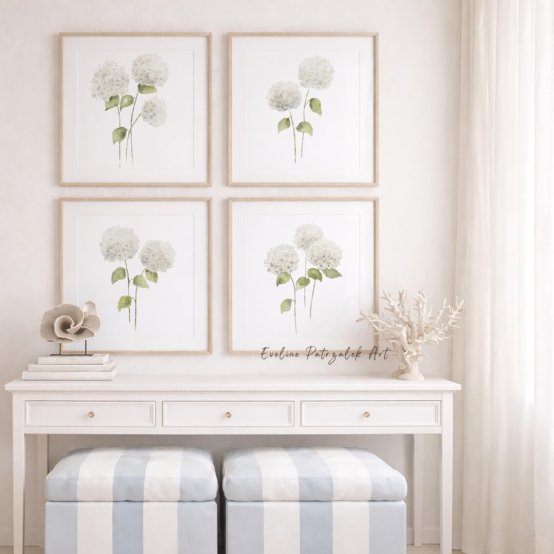 White Hydrangea Wall Art Set of 4, Botanical Floral Prints, Neutral ...