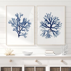 Ocean Navy Corals Wall Art – Minimalist Beach Home Decor, Set of 2 Prints, Coastal Modern Art for Elegant Interiors