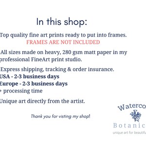 K&ouml;nnte beinhalten: Text&uuml;berlagerung auf wei&szlig;em Hintergrund mit einem blauen Stern-Symbol. Der Text lautet "In diesem Shop:" gefolgt von einer Liste der Shop-Richtlinien. Der Text "FRAMES ARE NOT INCLUDED" ist rot. Der Text "Watercolor Botanicals unique art for beautiful spaces" ist blau und befindet sich am unteren Rand des Bildes.