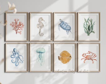 Custom Coastal Gallery - Set van 8 Sea Life-muurkunstafdrukken voor moderne woningen