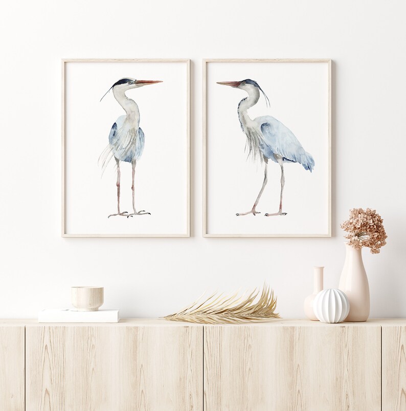 Great Blue Heron Watercolor Set of 2 Prints, Minimalist Modern Wall Decor, Water Bird Illustration, Coastal House Art, Large Artwork image 4