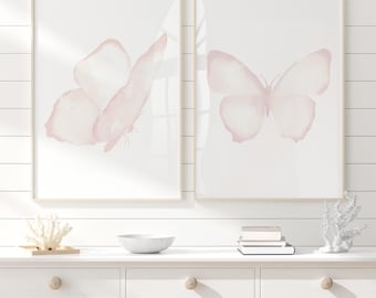 Blush Pink Butterfly Nursery Prints - Modern Butterflies Minimalist Art Set of 2 Cute Prints