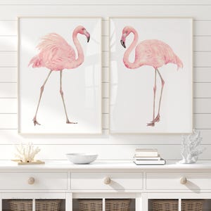 Light Pink Flamingo Wall Art Set of 2 Prints – Tropical Bird Prints, Soft Pastel Flamingos Decor, Coastal Bathroom, Nursery Art, Gift Idea