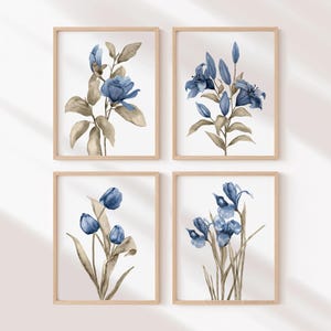 Collezione di fiori botanici ad acquerello – Stampe blu navy, indaco e tortora, arte minimalista moderna della fattoria