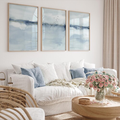 Light Blue Abstract Landscape, Coastal Watercolor Set of 3 Prints, Modern Minimalist Artwork,Living Room Art Posters, Black Birds