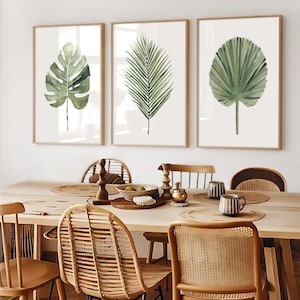 Feuilles tropicales vertes typiques, feuille de palmier ébouriffée et Monstera Deliciosa, lot de 3 impressions, tableau moderne, décoration naturelle