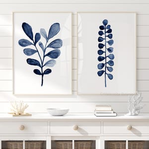 Minimalist Navy Plant Abstraction, Dark Blue,Botanical Abstract, Extra Large Fine Art Posters, Coastal Scandi Art