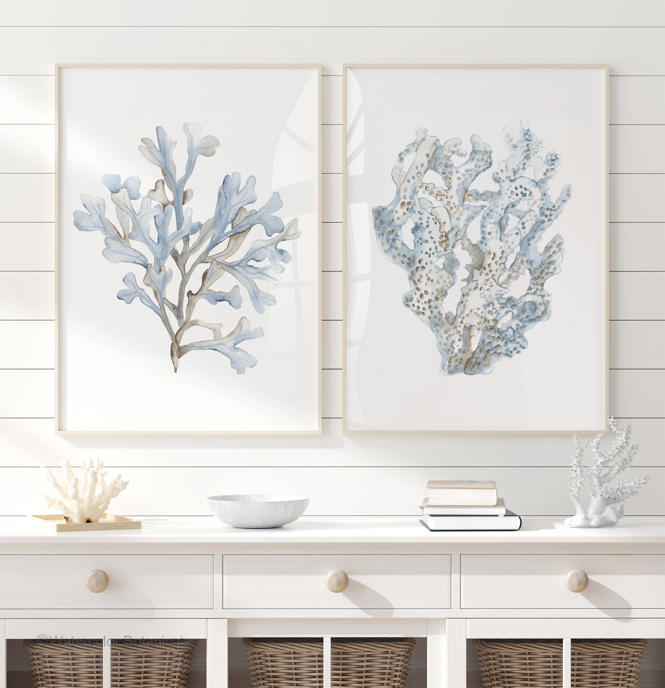 Pastel Blue Nautical Set of 2 Prints, Minimalist Watercolor Marine Art, Coastal Wall Decor, Sky Blue Nautical Art, Ocean Corals