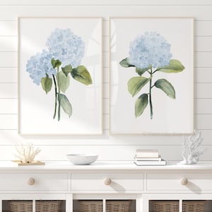 Stampe floreali astratte di ortensie blu – Arte murale in stile cinese con acquerello e Grandmillennial costiero, set di 2 stampe floreali, arredamento per la camera da letto