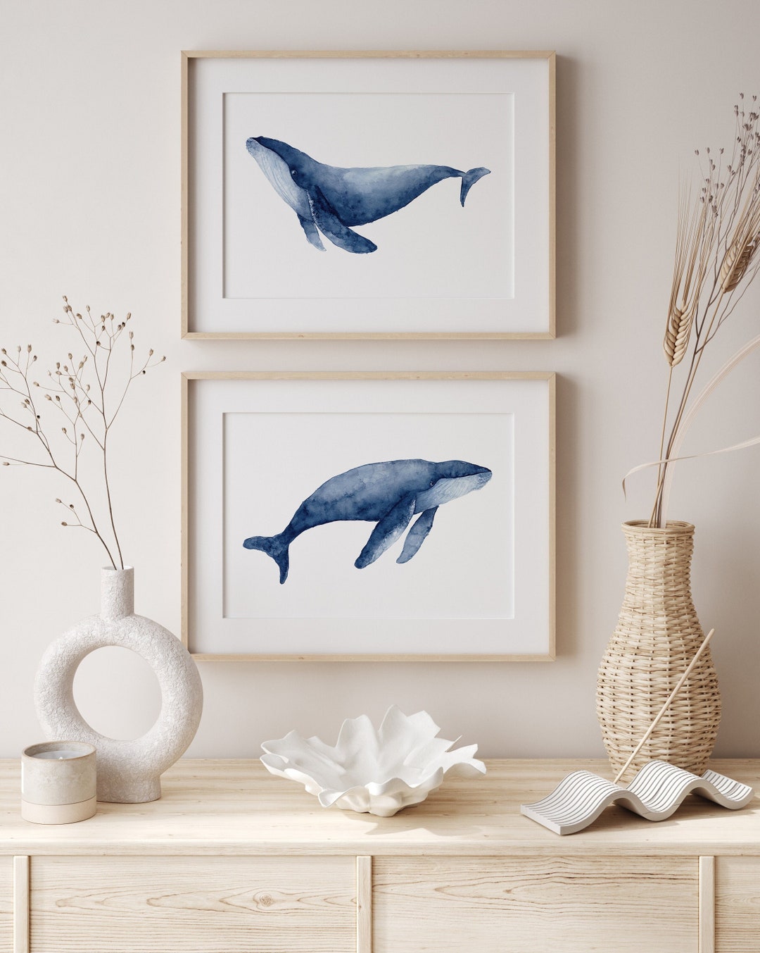 Pair of Whales in Navy Blue Indigo, Set of 2 Prints, Minimalist Wall ...