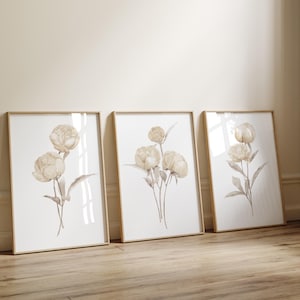 Beige Peonies Wall Art – Set di 3 stampe floreali Boho, poster di belle arti minimalisti, pittura di fiori astratti, grande decorazione estetica neutra