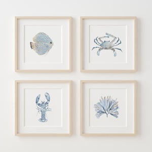 Coastal Watercolor Set of 4 Prints – Minimalist Ocean Life Art, Blue Animals Painting, Beach House Wall Decor, Crab, Fish, Marine Poster