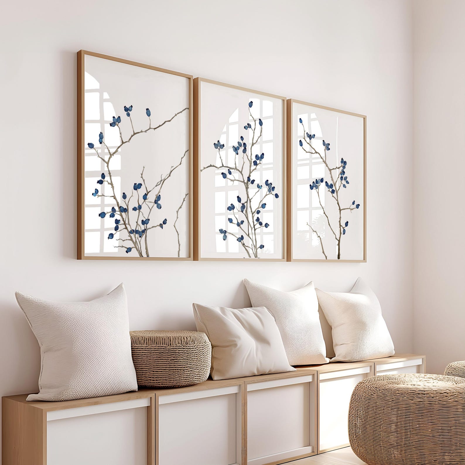 Minimalist Blue Botanical Wall Art Set of 3 - Branch Prints in Navy ...