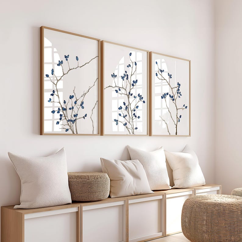 Minimalist Blue Botanical Wall Art Set of 3 - Branch Prints in Navy ...