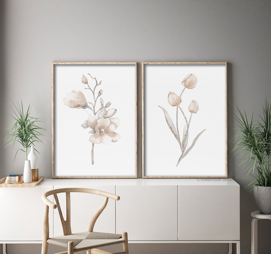 Magnolia Tulips Watercolor Flowers Minimalist Abstract Plant Set of 2 ...