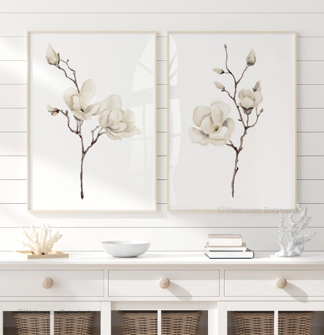 Modern Magnolia Wall Art Set of 2 Botanical Floral Prints, Neutral ...