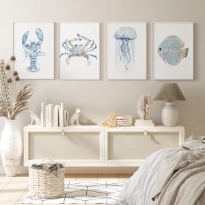 Stampe ad acquerello - Set di 4 stampe costiere raffiguranti aragosta, medusa, granchio e pesce disco