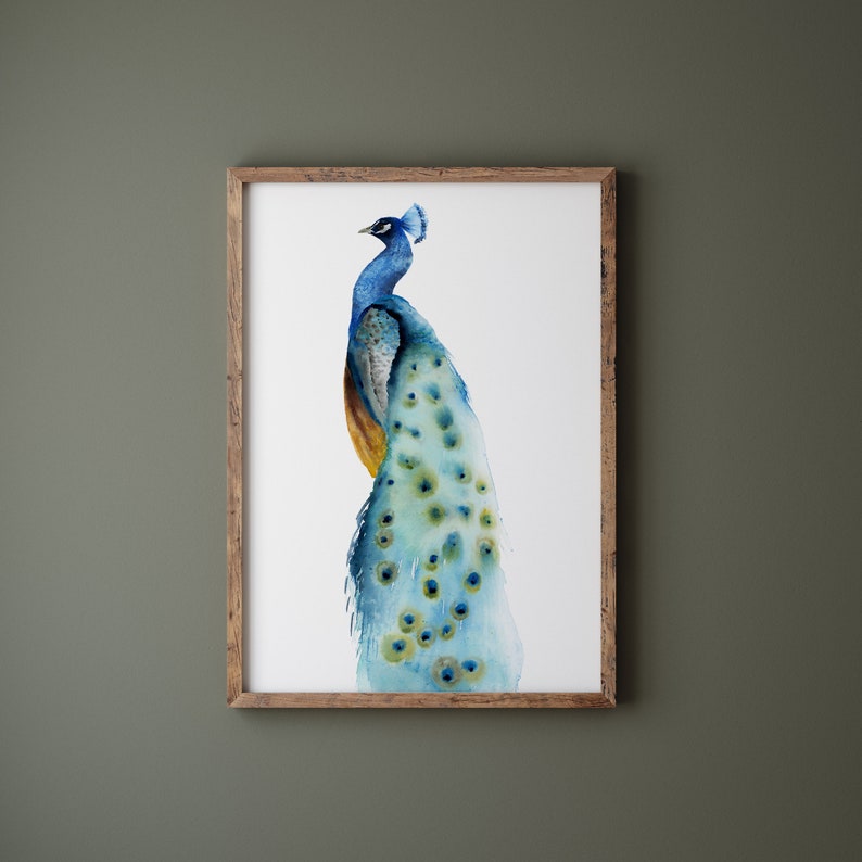 Aquarell Pfau Malerei, moderne abstrakte Vogel Illustration, minimalistische Zeichnung, Paradiesvogel, Geschenkidee, extra große Kunst Poster Bild 6