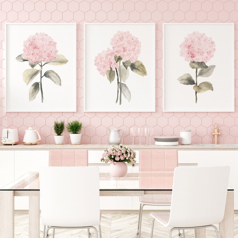Blush Pink Hydrangea Set of 3 Prints Boho Home Decor Etsy