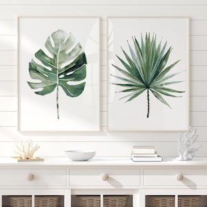 Muted Green Prints – Watercolor Set of 2 Prints – Monstera Deliciosa & Palmetto Leaf –  Botanical Wall Art for Living Room