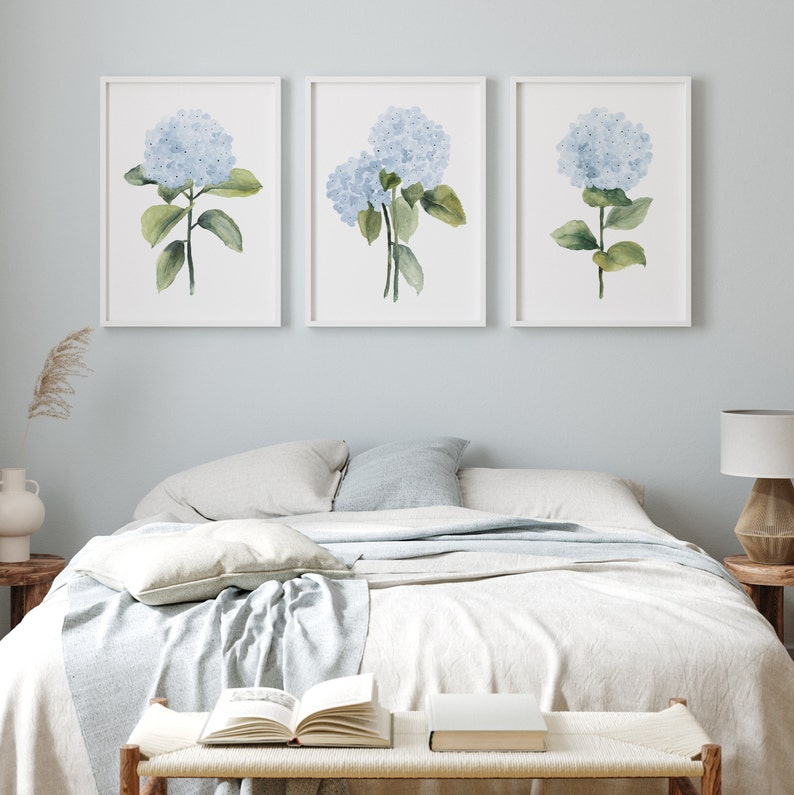 Watercolor Light Blue Hydrangea Set for Modern Homes, Minimalist Artwork, Set of 3 Prints, Botanical Fine Art Posters, Hamptons Wall Decor image 3