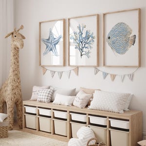 Coastal Wall Art Set of 3 – Ocean Fish, Coral & Starfish Beach House ...