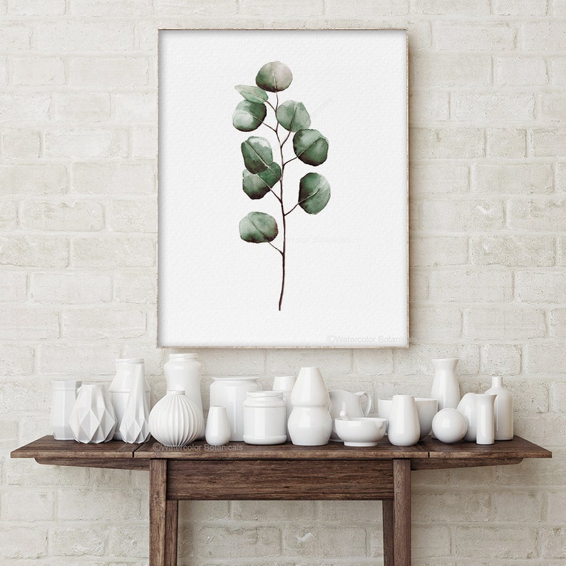Silver Dollar Eucalyptus Watercolor Print Modern Decor Botanical Nature Art Scandinavian Nordic Design Minimalist Green Leaf Leaves Artwork