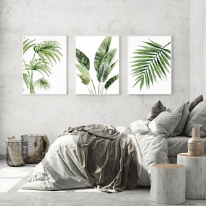 Tropical Watercolor Leaves, Set of 3 Prints, Exotic Greenery, Banana & Fan Palm Leaf Bunch, Minimalist Decor, Beach House Artwork image 8