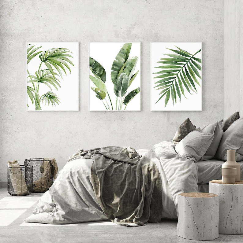 Tropical Watercolor Leaves, Set of 3 Prints, Exotic Greenery, Banana & Fan Palm Leaf Bunch, Minimalist Decor, Beach House Artwork image 8